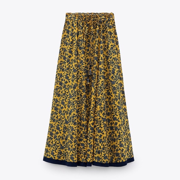 ZARA Yellow Blue Floral Print Skirt Boho Gypsy Style Size Small Trendy Tassel - Picture 1 of 9
